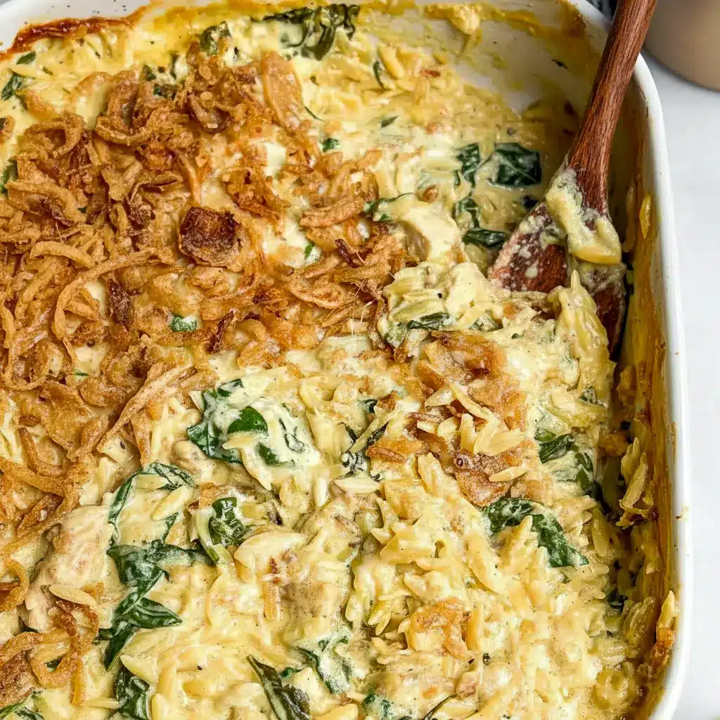 A golden, bubbling Creamy Chicken Orzo Casserole topped with crispy onions and melted cheese — the perfect Monterey Chicken inspired comfort dish for weeknight dinners.