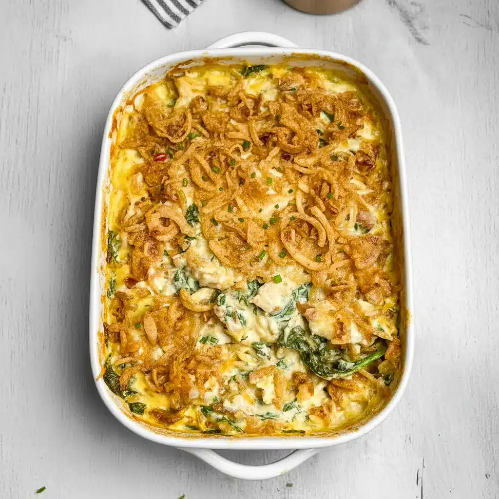 A golden, bubbling Creamy Chicken Orzo Casserole topped with crispy onions and melted cheese — the perfect Monterey Chicken inspired comfort dish for weeknight dinners.