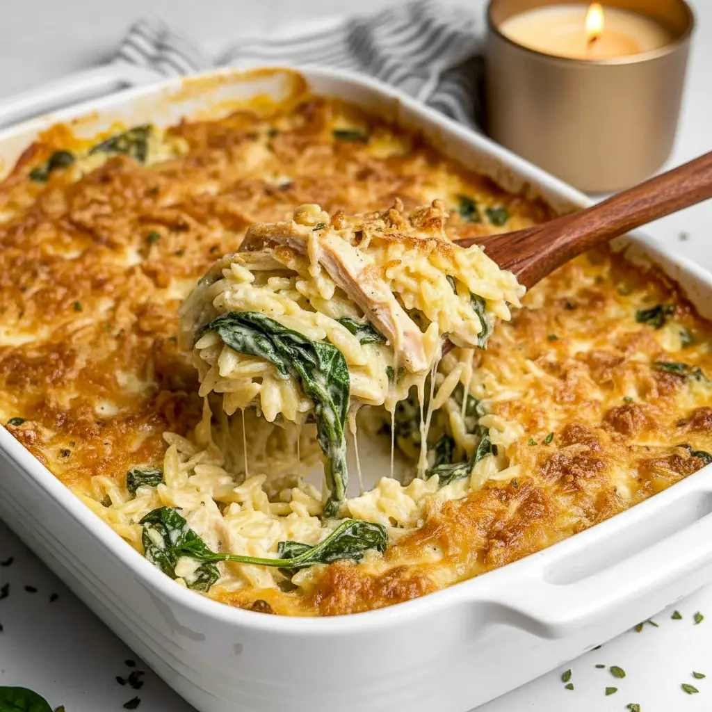A golden, bubbling Creamy Chicken Orzo Casserole topped with crispy onions and melted cheese — the perfect Monterey Chicken inspired comfort dish for weeknight dinners.