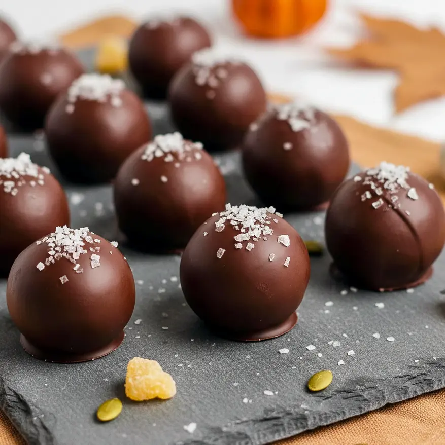 Close-up of rich dark chocolate Dairy Free Fall Treats filled with creamy pumpkin spice centers — the perfect Pumpkin Recipes Thanksgiving idea for Pumpkin Baking Healthy fans looking for Sugar Free Thanksgiving Recipes, Pumpkin Sugar Free Desserts, or Clean Treats Recipes like Healthy Pumpkin Bites, Flourless Pumpkin Desserts, and a cozy Antiinflammatory Recipe Dessert for fall.