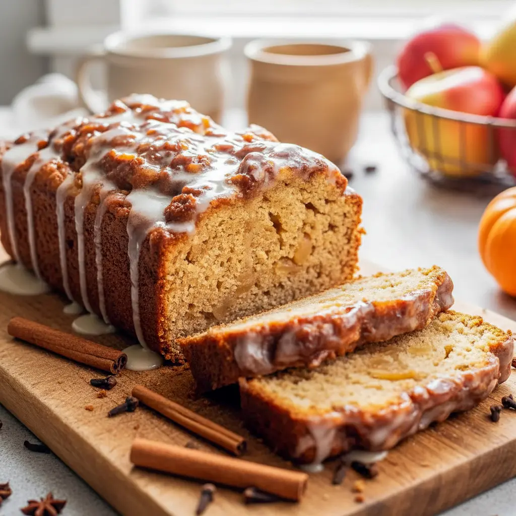 Freshly sliced Amish Apple Fritter Bread on a rustic board, showcasing the timeless goodness of an Amish Apple Fritter Bread Recipe, inspired by cozy Apple Baked Recipes and easy baking favorites.