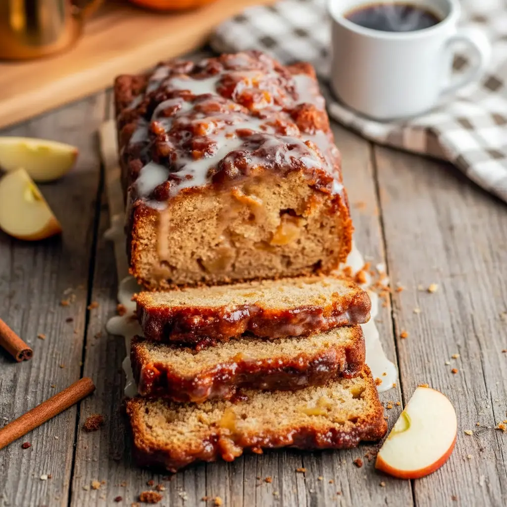 Freshly sliced Amish Apple Fritter Bread on a rustic board, showcasing the timeless goodness of an Amish Apple Fritter Bread Recipe, inspired by cozy Apple Baked Recipes and easy baking favorites.