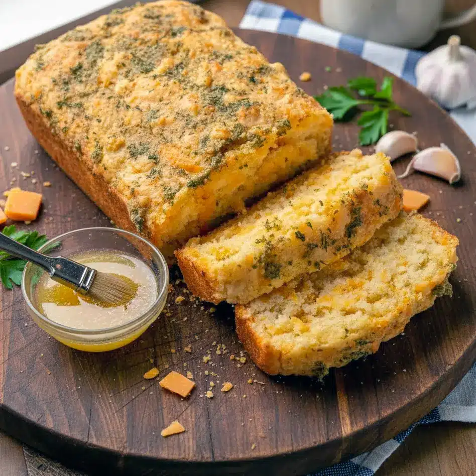 Golden loaf of homemade Easy Cheddar Bread sliced on a cutting board, showing melted cheese and soft texture—perfect Breads To Go With Soup or weeknight meals.