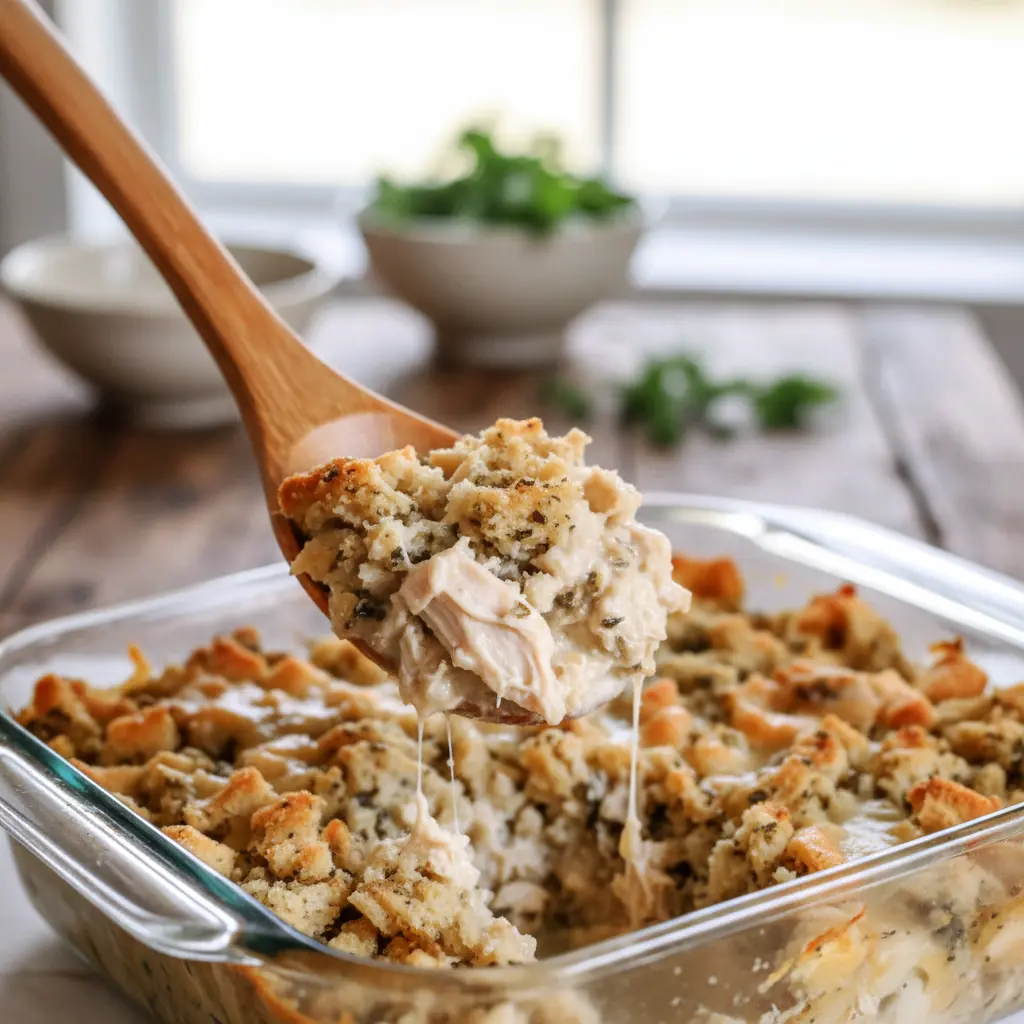Golden-baked Easy Comfort Food Casserole with tender chicken, creamy sauce, and savory stuffing topping — the best Easy Rotisserie Chicken Casserole for cozy dinners, Casserole Dinner Recipes For Family, or Hearty Potluck Dishes, made with Rotisserie Chicken And Dressing, rich Cream Of Chicken Stuffing Casserole layers, and simple Recipes With Boxed Stuffing for easy Stuffing And Chicken Recipes lovers wondering What To Cook With A Rotisserie Chicken.