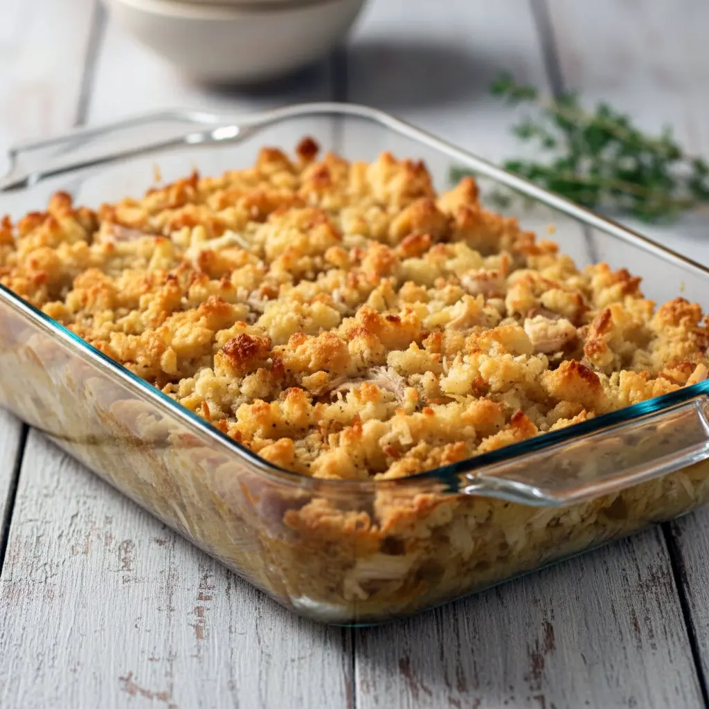 Golden-baked Easy Comfort Food Casserole with tender chicken, creamy sauce, and savory stuffing topping — the best Easy Rotisserie Chicken Casserole for cozy dinners, Casserole Dinner Recipes For Family, or Hearty Potluck Dishes, made with Rotisserie Chicken And Dressing, rich Cream Of Chicken Stuffing Casserole layers, and simple Recipes With Boxed Stuffing for easy Stuffing And Chicken Recipes lovers wondering What To Cook With A Rotisserie Chicken.