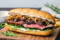 Elegant Steak Sandwich with Garlic Aioli for Fancy Classic Lunch Ideas1 Close-up of a toasted steak sandwich layered with juicy sliced beef, garlic aioli, melted provolone, arugula, and caramelized onions, styled as a refined lunch plate with elegant sides.