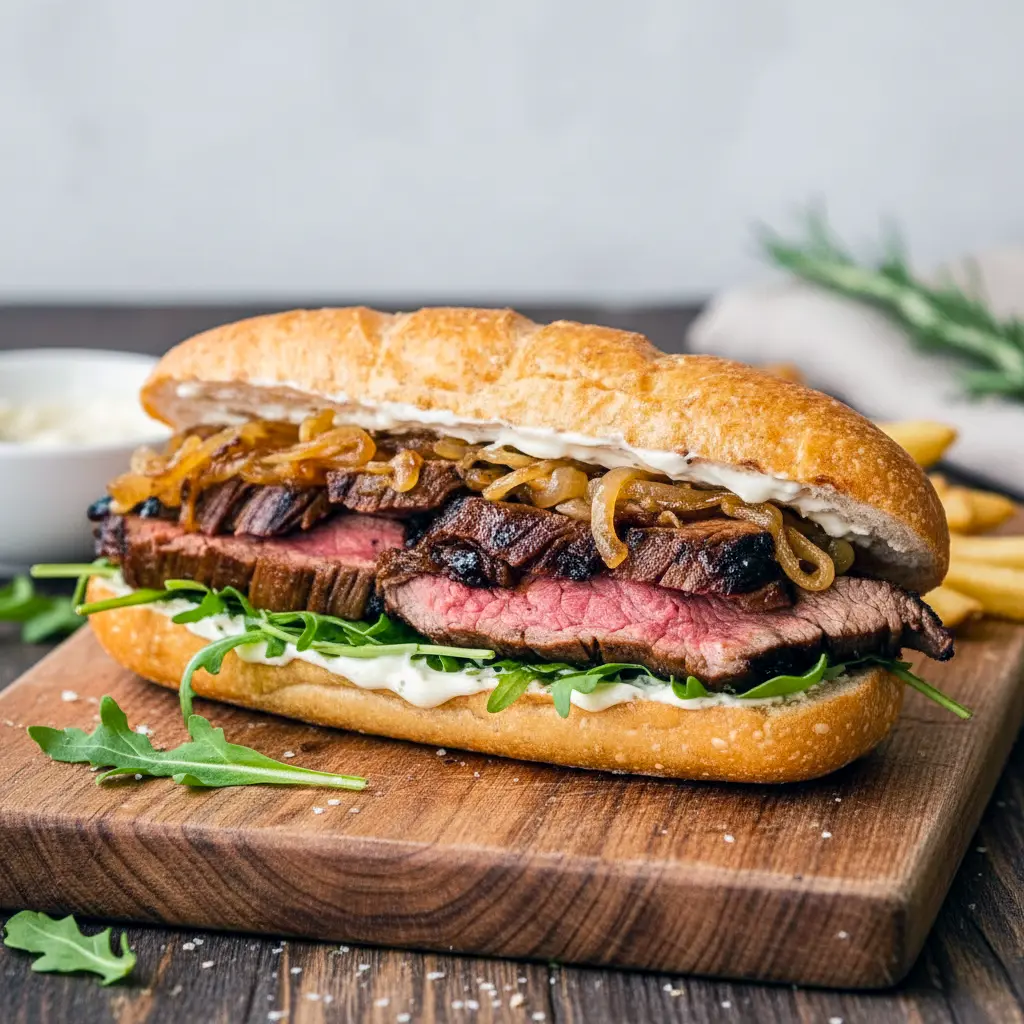 Close-up of a toasted steak sandwich layered with juicy sliced beef, garlic aioli, melted provolone, arugula, and caramelized onions, styled as a refined lunch plate with elegant sides.