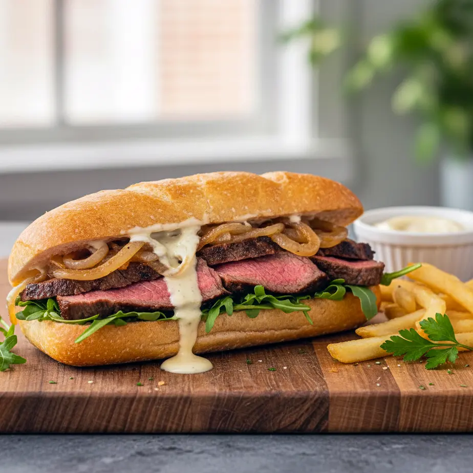 Close-up of a toasted steak sandwich layered with juicy sliced beef, garlic aioli, melted provolone, arugula, and caramelized onions, styled as a refined lunch plate with elegant sides.