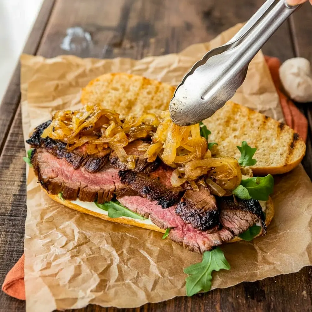Close-up of a toasted steak sandwich layered with juicy sliced beef, garlic aioli, melted provolone, arugula, and caramelized onions, styled as a refined lunch plate with elegant sides.