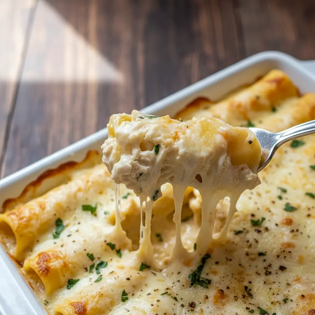 Close-up of golden baked Manicotti With Cheese Sticks inspired by a savory Chicken Manicotti Recipe, featuring a cheesy Stuffed Manicotti Recipe and perfectly tender Stuffed Manicotti fresh from the oven.