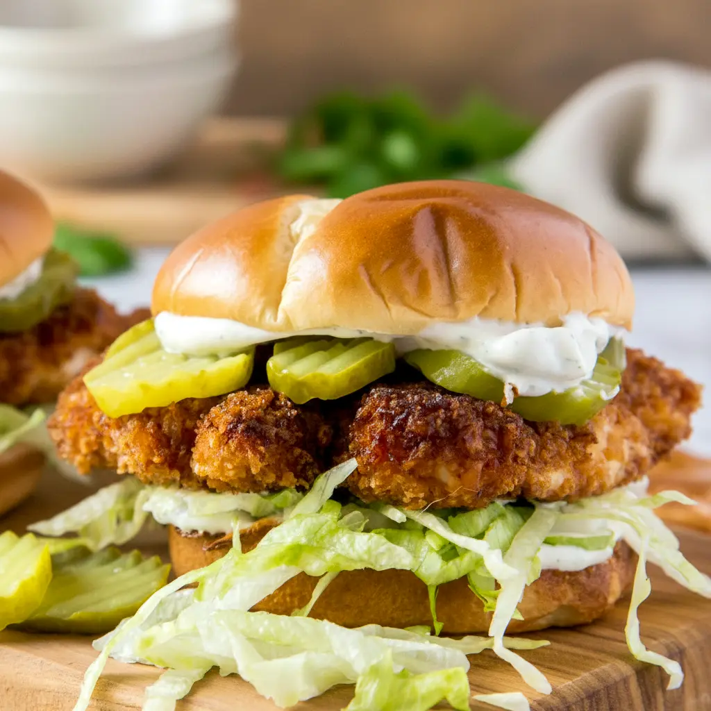 Close-up of a golden Crispy Dill Pickle Chicken Sandwich styled like a Grilled Chicken Sandwich With Pickles, paired with a Grilled Chicken Sandwich With Chips and infused with zesty notes from Chicken Sandwich Pickle Juice.