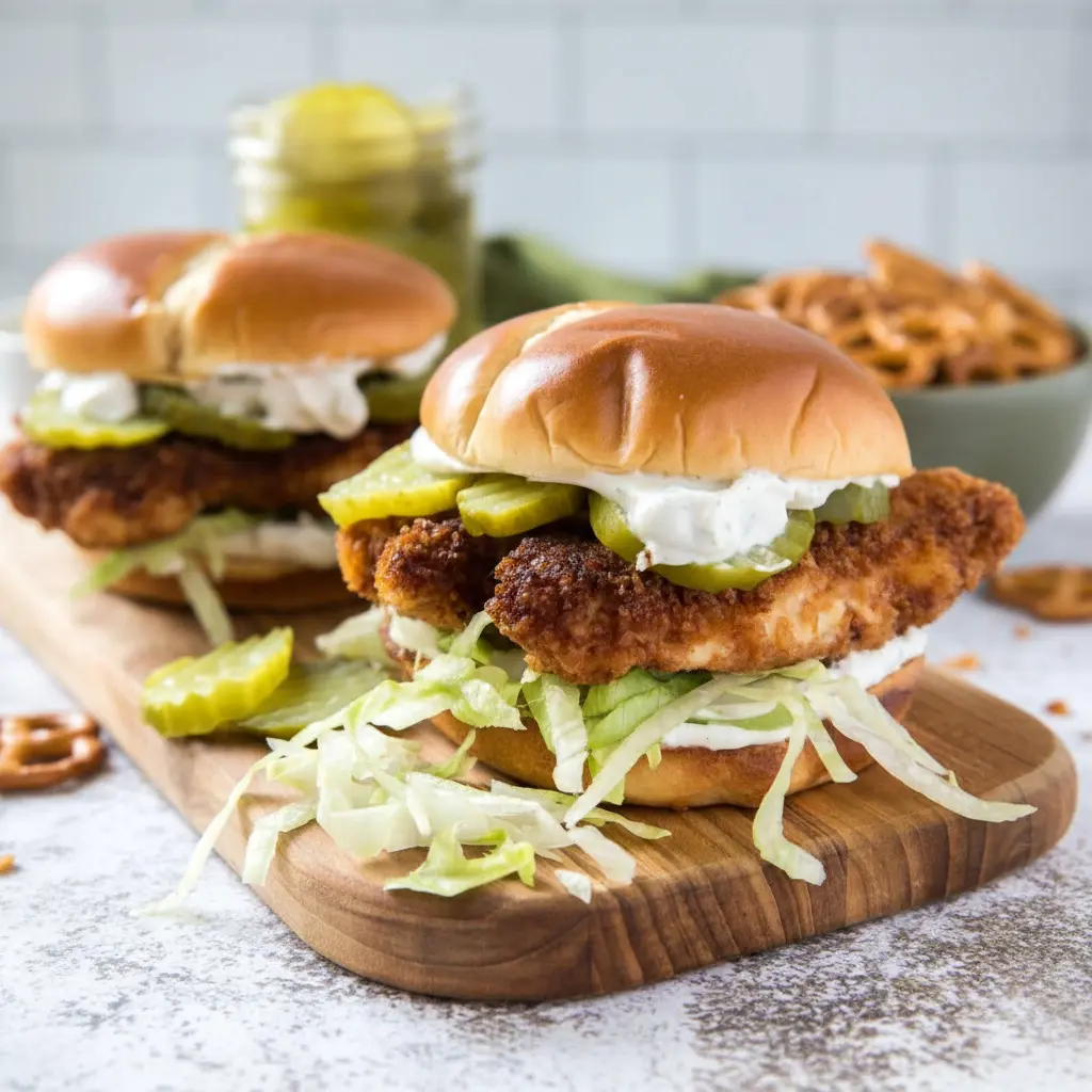 Close-up of a golden Crispy Dill Pickle Chicken Sandwich styled like a Grilled Chicken Sandwich With Pickles, paired with a Grilled Chicken Sandwich With Chips and infused with zesty notes from Chicken Sandwich Pickle Juice.