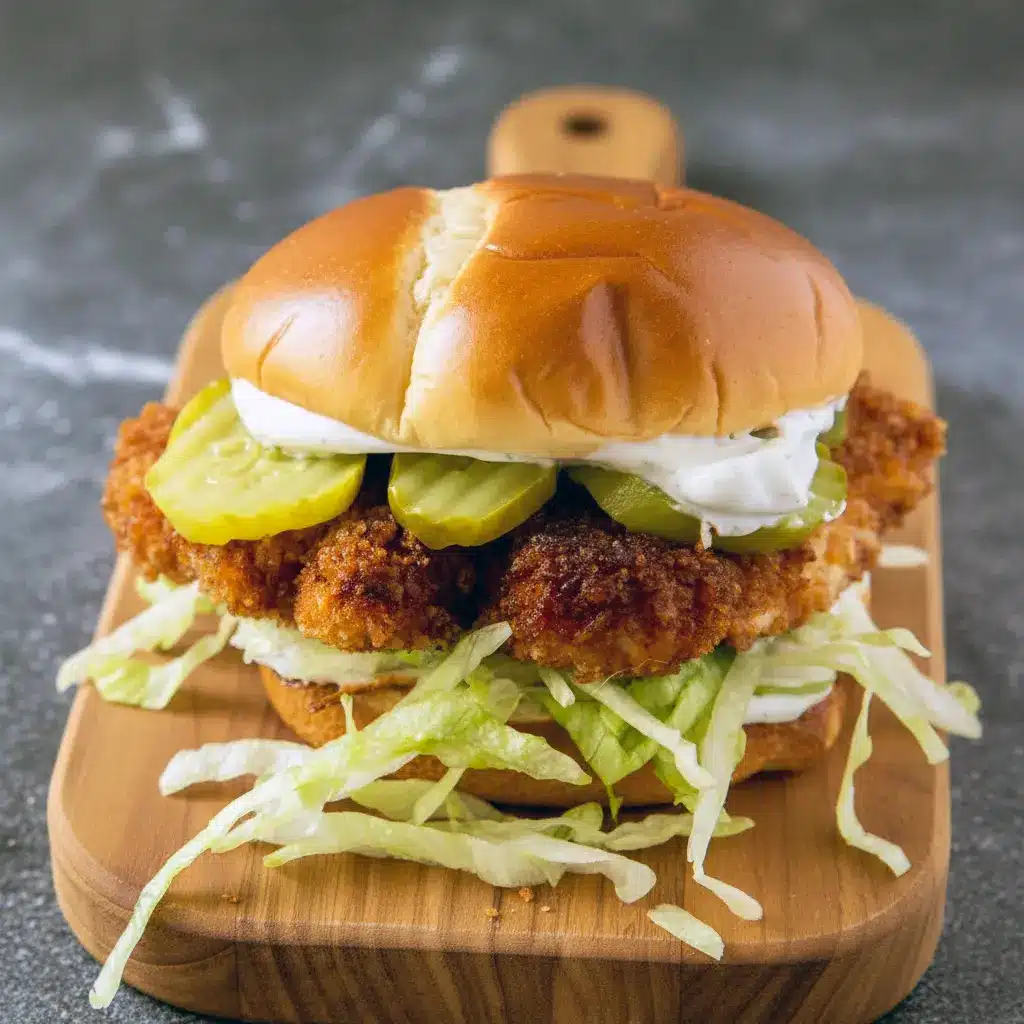 Close-up of a golden Crispy Dill Pickle Chicken Sandwich styled like a Grilled Chicken Sandwich With Pickles, paired with a Grilled Chicken Sandwich With Chips and infused with zesty notes from Chicken Sandwich Pickle Juice.