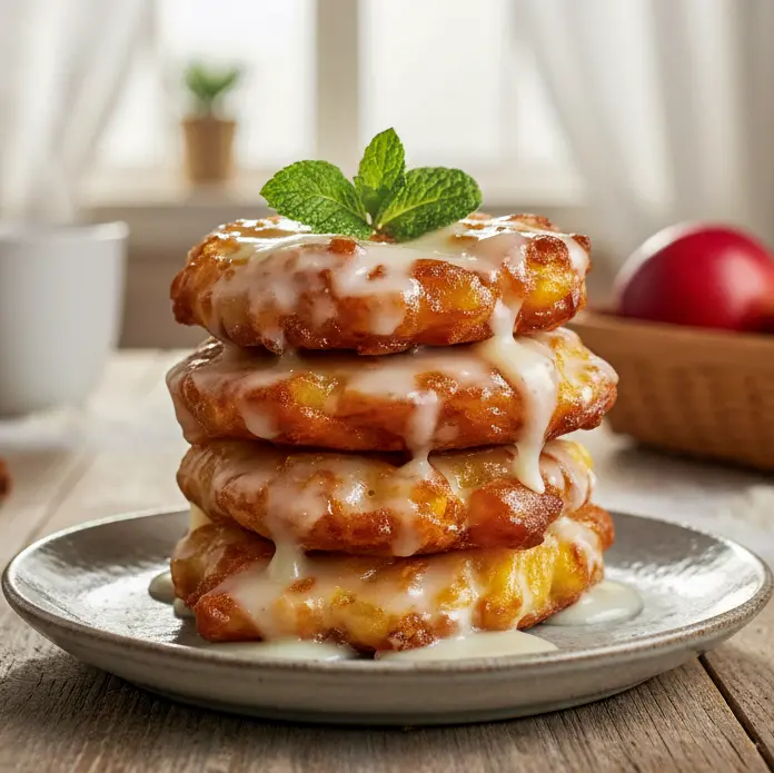 Golden baked Apple Fritter Recipes Easy with vanilla glaze, cozy fall Apple Breakfast Pastries on parchment, perfect Cozy Winter Baking Recipes treat for brunch or dessert.