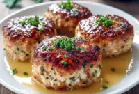 Flavor-Packed Chicken Dishes Recipes – Garlic Parmesan Meatloaf Everyone Loves1 Golden brown garlic parmesan Chicken Meatloaf sliced on a cutting board, topped with melted cheese and herbs, served with vegetables on the side.