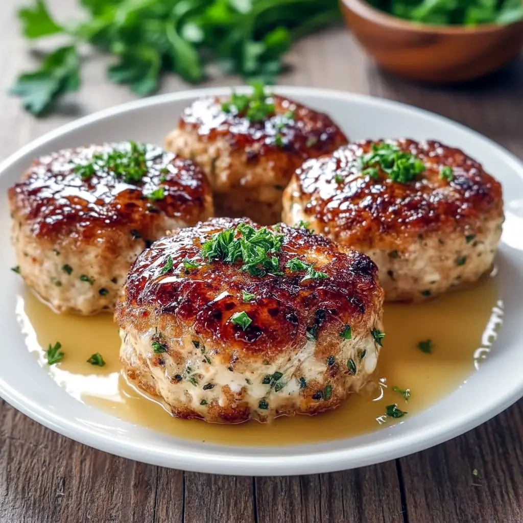 Golden brown garlic parmesan Chicken Meatloaf sliced on a cutting board, topped with melted cheese and herbs, served with vegetables on the side.