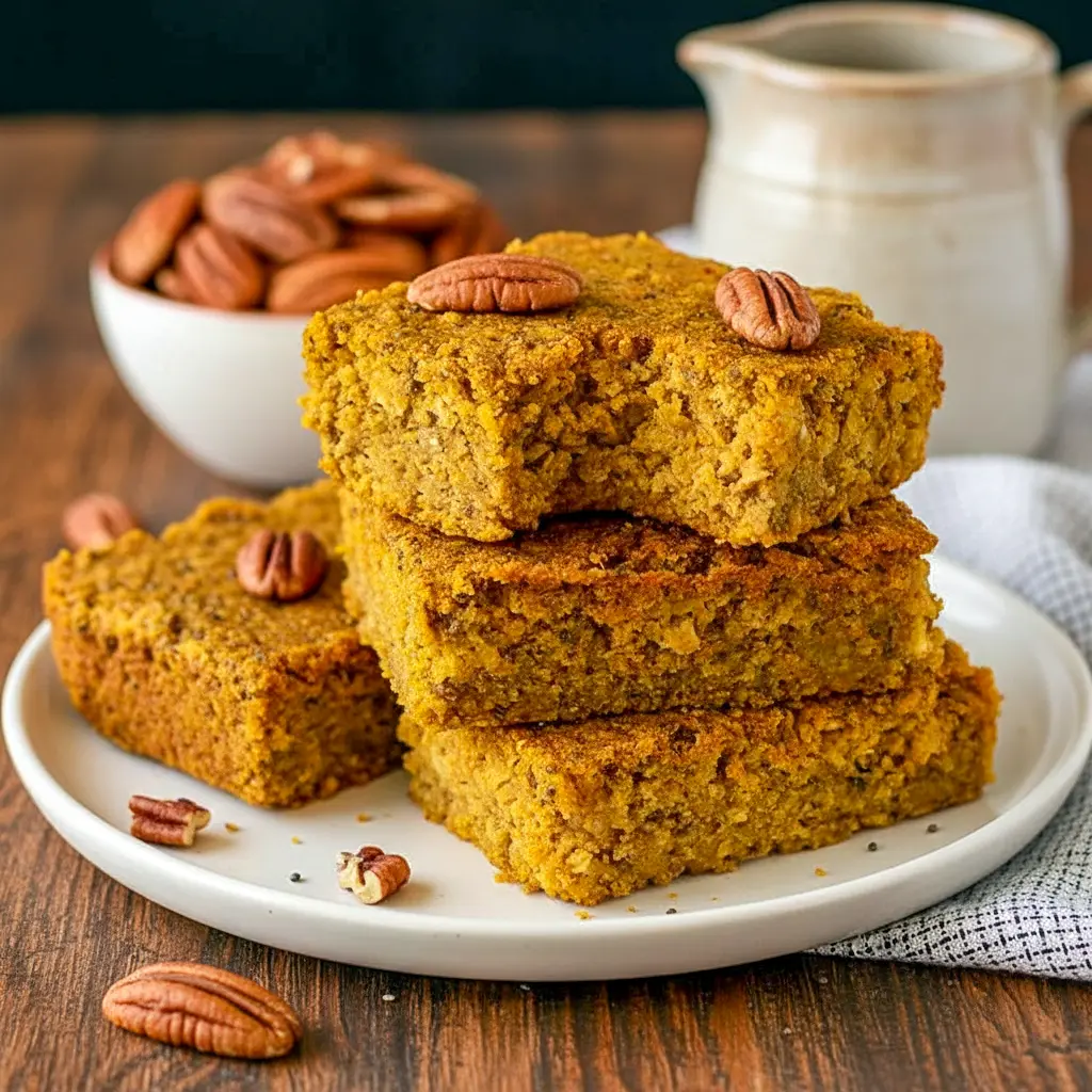 A stack of chewy Gluten Free Pumpkin Oatmeal Bars drizzled with maple syrup and sprinkled with oats — a cozy fall breakfast treat that’s healthy, filling, and bursting with pumpkin spice flavor.