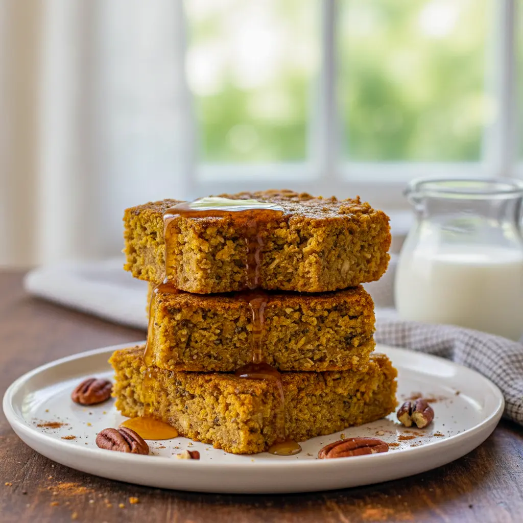 A stack of chewy Gluten Free Pumpkin Oatmeal Bars drizzled with maple syrup and sprinkled with oats — a cozy fall breakfast treat that’s healthy, filling, and bursting with pumpkin spice flavor.