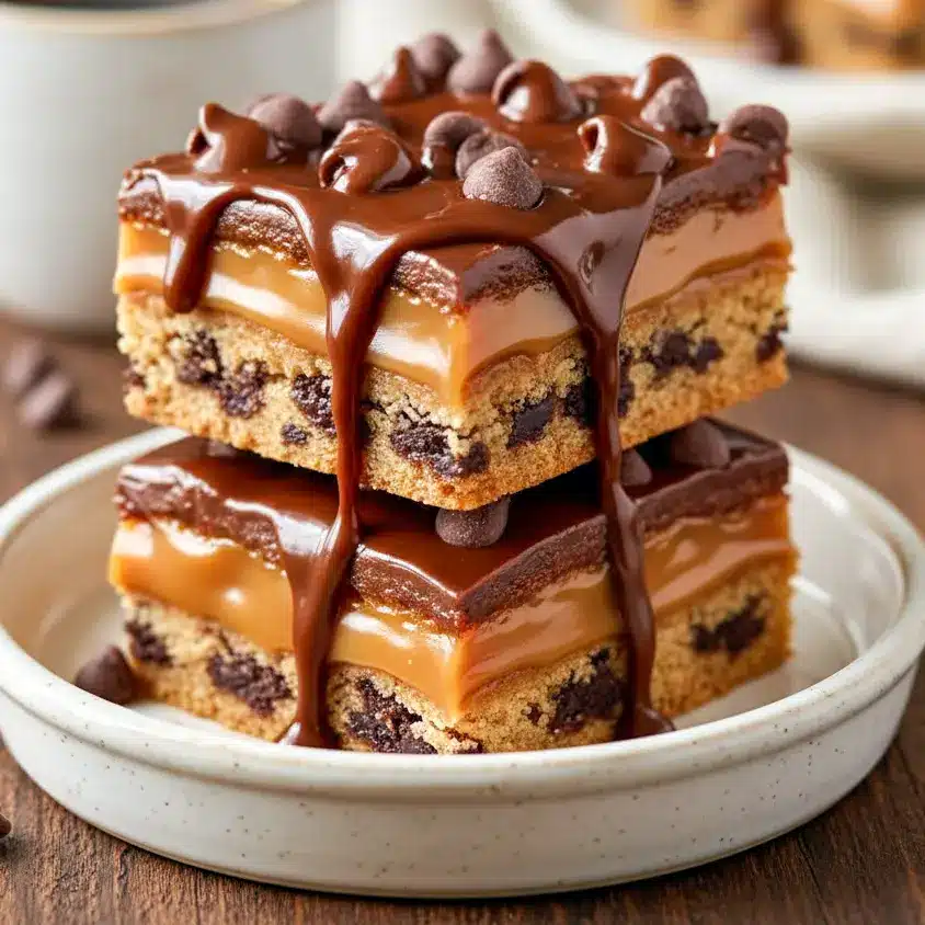 Close-up of gooey Caramel Cookie Bars with a golden crumbly top and melted caramel center, perfect for Good Bar Recipes and Easy Desserts With Caramel, styled as cozy Fall Bar Cookie Recipes on a rustic wooden plate.