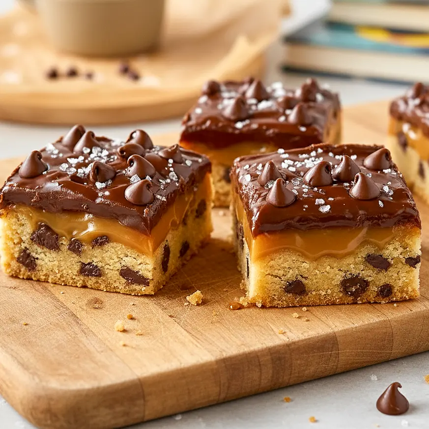 Close-up of gooey Caramel Cookie Bars with a golden crumbly top and melted caramel center, perfect for Good Bar Recipes and Easy Desserts With Caramel, styled as cozy Fall Bar Cookie Recipes on a rustic wooden plate.