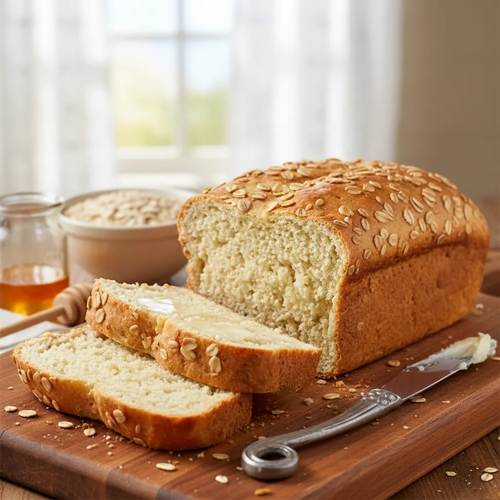 Freshly baked Honey And Oat Bread loaf topped with golden oats, sliced on a wooden board beside a drizzle of honey and melting butter.