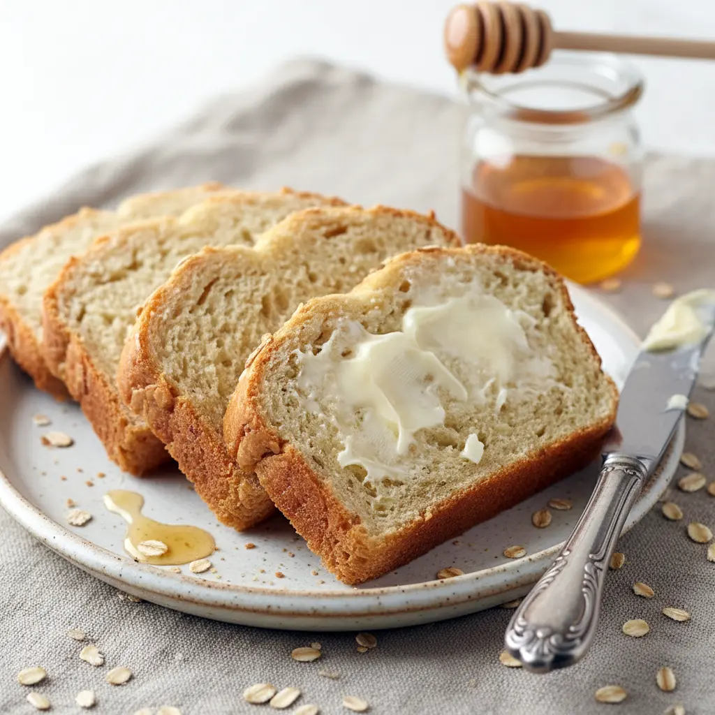 Freshly baked Honey And Oat Bread loaf topped with golden oats, sliced on a wooden board beside a drizzle of honey and melting butter.