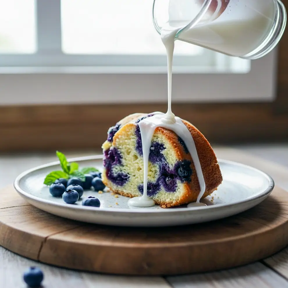 Golden blueberry bundt cake sliced and served on a rustic plate, ideal for a joyful morning treat or brunch table centerpiece.
