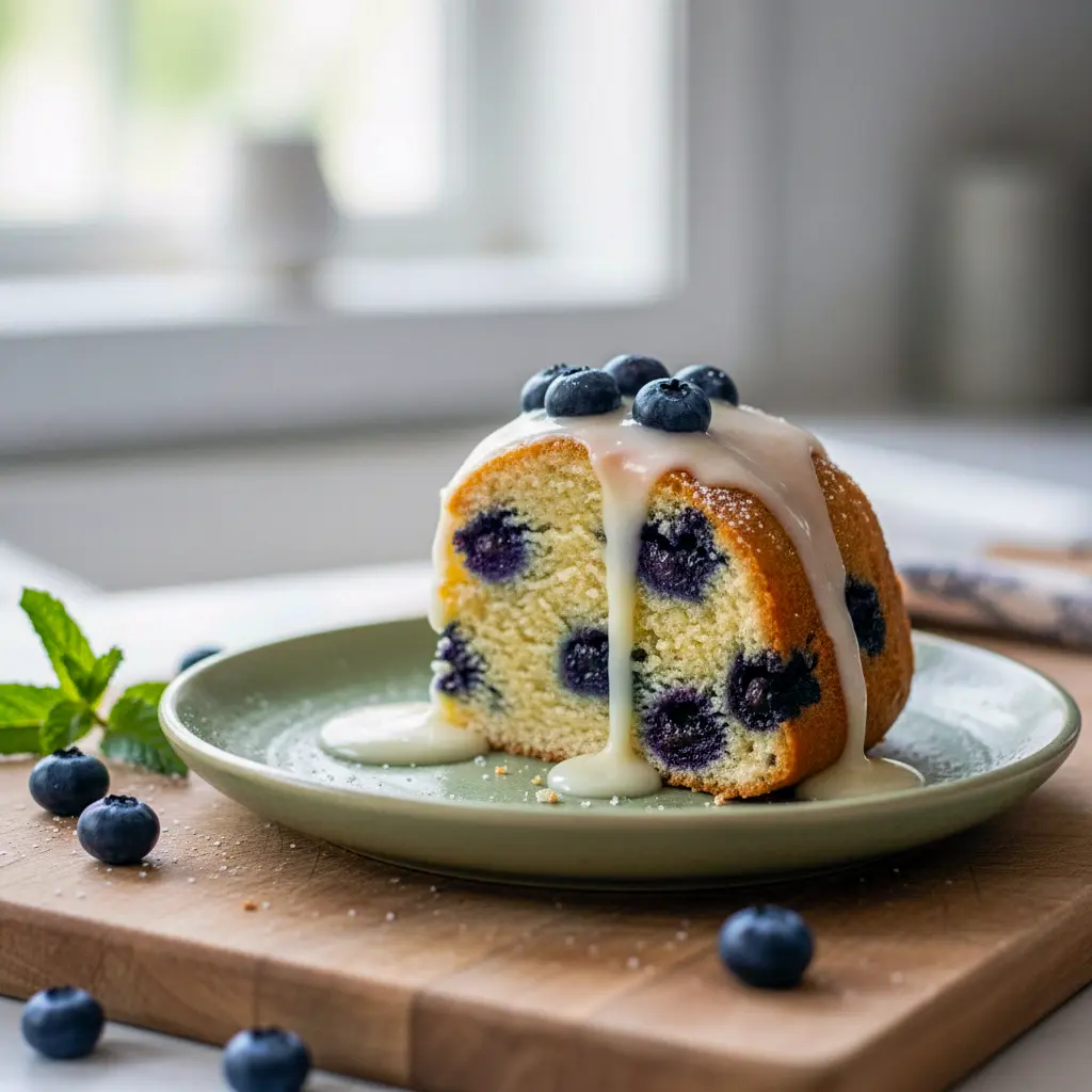 Golden blueberry bundt cake sliced and served on a rustic plate, ideal for a joyful morning treat or brunch table centerpiece.