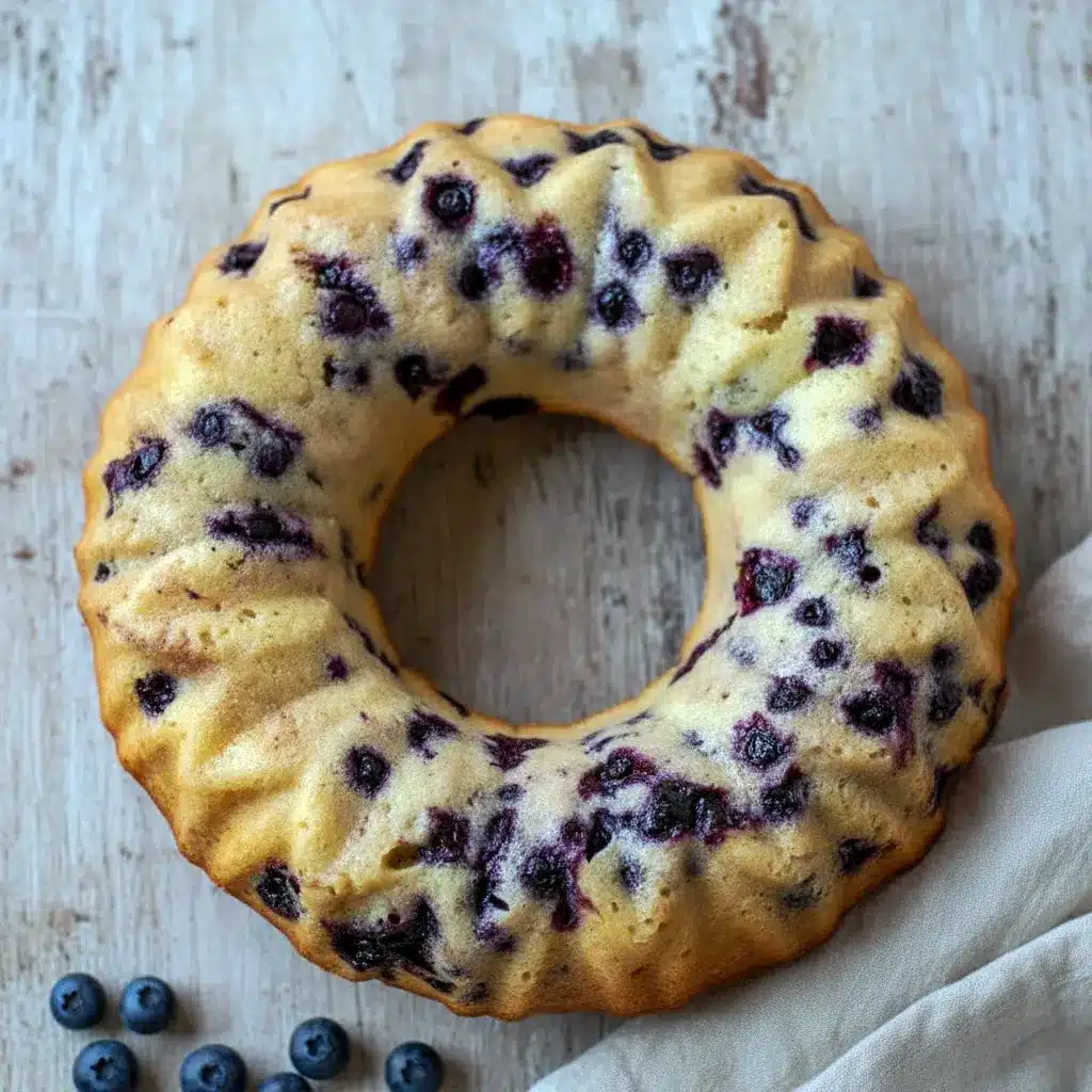 Golden blueberry bundt cake sliced and served on a rustic plate, ideal for a joyful morning treat or brunch table centerpiece.