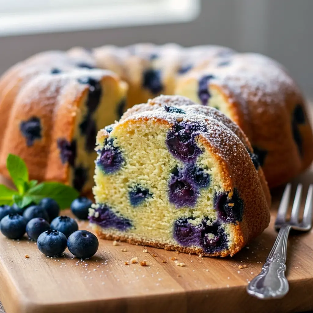 Golden blueberry bundt cake sliced and served on a rustic plate, ideal for a joyful morning treat or brunch table centerpiece.