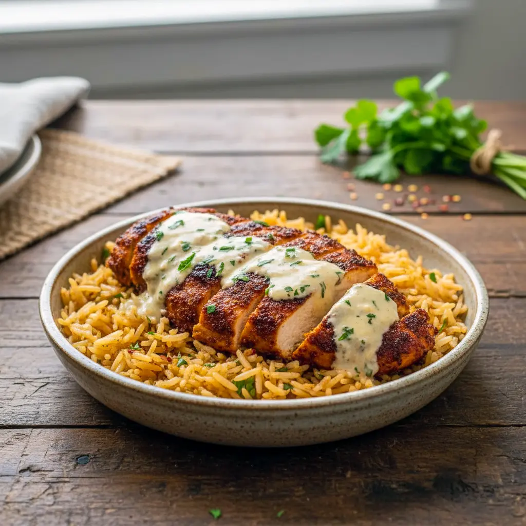 Close-up of creamy Cajun chicken served over garlic rice, styled as Healthy Clean Dinner Ideas for fans of Chicken Ww Recipes, Dinner Ideas High Protein Low Calorie, Chicken Rice Healthy Recipes, and elegant Family Meals With Chicken, featuring a rich Dinner With Heavy Cream sauce ideal for Protein And Healthy Fats Meals, Cajun Chicken Recipes Healthy, and easy Low Calorie Chicken Meal Prep.