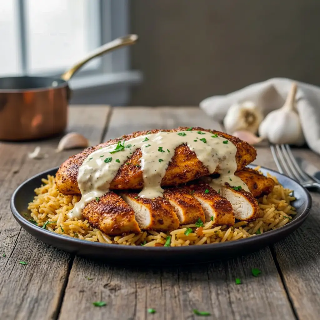 Close-up of creamy Cajun chicken served over garlic rice, styled as Healthy Clean Dinner Ideas for fans of Chicken Ww Recipes, Dinner Ideas High Protein Low Calorie, Chicken Rice Healthy Recipes, and elegant Family Meals With Chicken, featuring a rich Dinner With Heavy Cream sauce ideal for Protein And Healthy Fats Meals, Cajun Chicken Recipes Healthy, and easy Low Calorie Chicken Meal Prep.