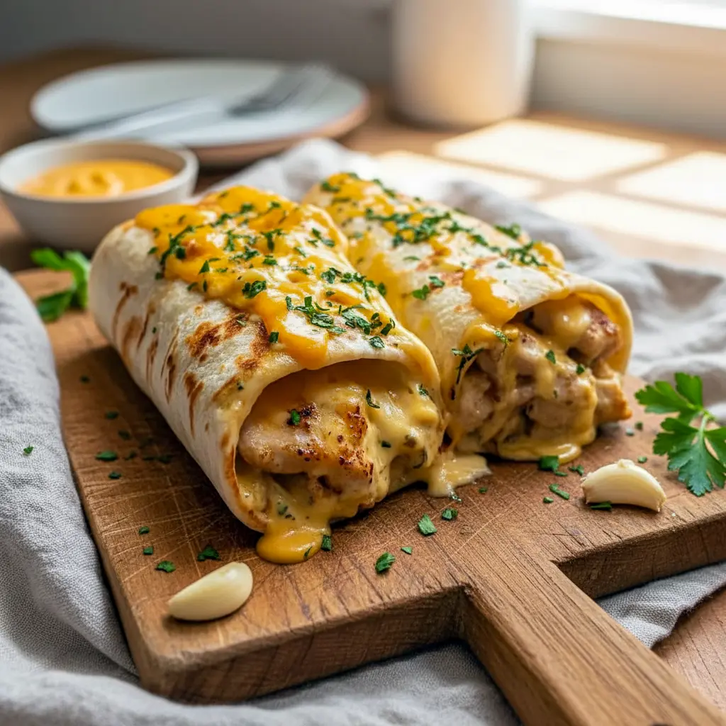 Cheesy garlic chicken wraps cooked until golden and melty, folded and sliced for a Quick Delicious Dinner, shown as an easy option for Chicken Wrap Recipes, Fast Dinner Recipes, and other Fun Easy Recipes.