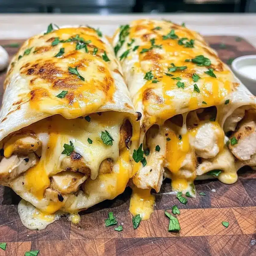 Cheesy garlic chicken wraps cooked until golden and melty, folded and sliced for a Quick Delicious Dinner, shown as an easy option for Chicken Wrap Recipes, Fast Dinner Recipes, and other Fun Easy Recipes.