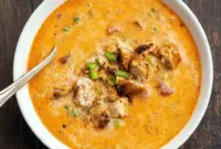 Irresistible Creamy Cajun Chicken Soup Recipe – The Ultimate Soul Food Comfort1 Steaming bowl of creamy Cajun chicken soup with tender chicken, colorful peppers, and a silky swirl of cream in a rustic setting.