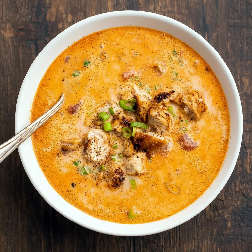 Steaming bowl of creamy Cajun chicken soup with tender chicken, colorful peppers, and a silky swirl of cream in a rustic setting.