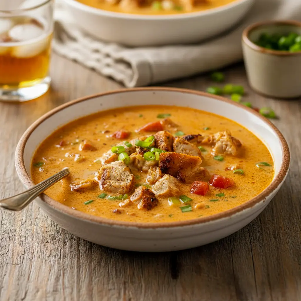 Steaming bowl of creamy Cajun chicken soup with tender chicken, colorful peppers, and a silky swirl of cream in a rustic setting.