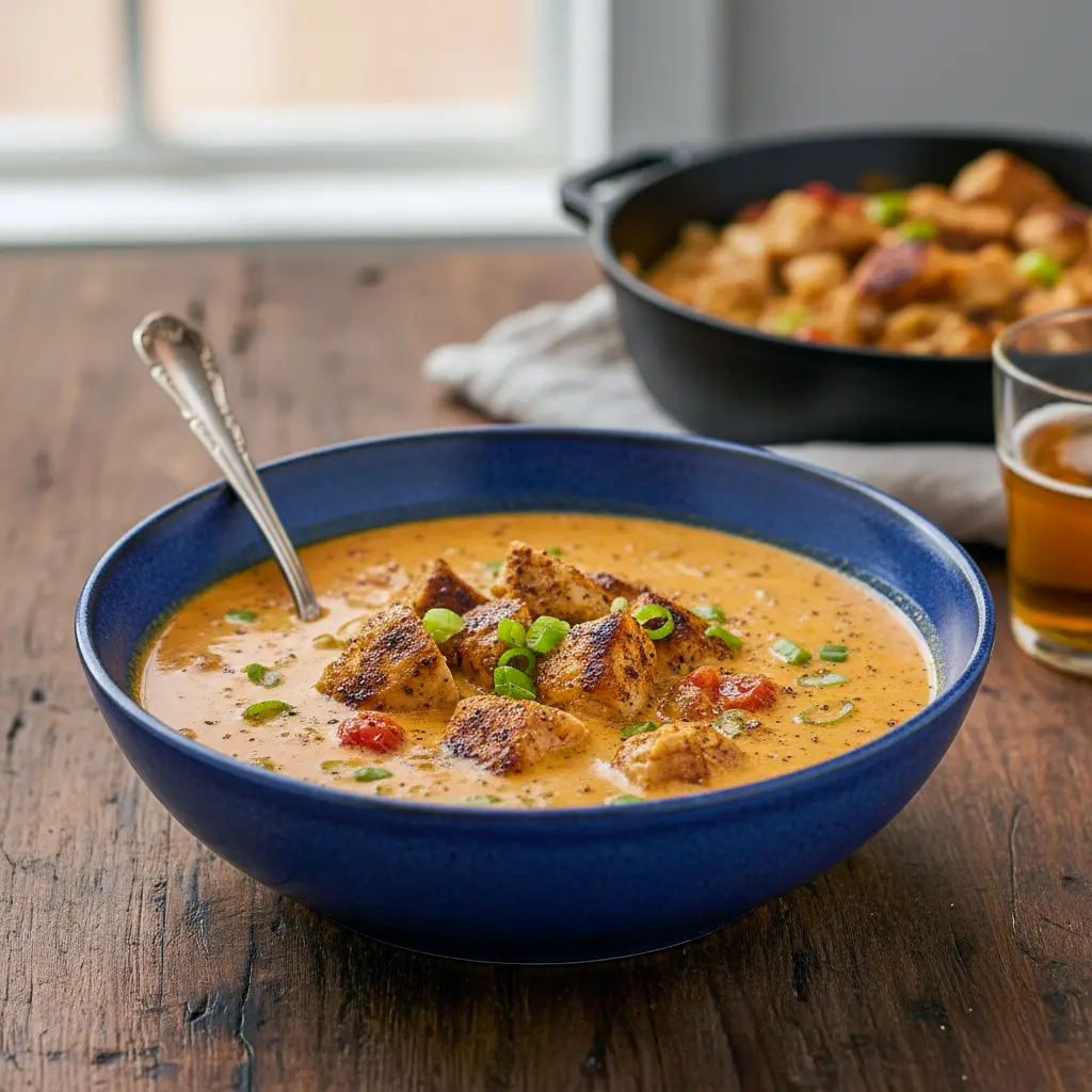 Steaming bowl of creamy Cajun chicken soup with tender chicken, colorful peppers, and a silky swirl of cream in a rustic setting.