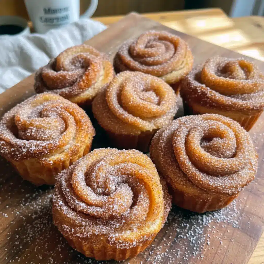 Close-up of golden cinnamon sugar Crescent Roll Cruffins in a muffin tin, showing crispy layers, flaky swirls, and a dusting of cinnamon sugar.