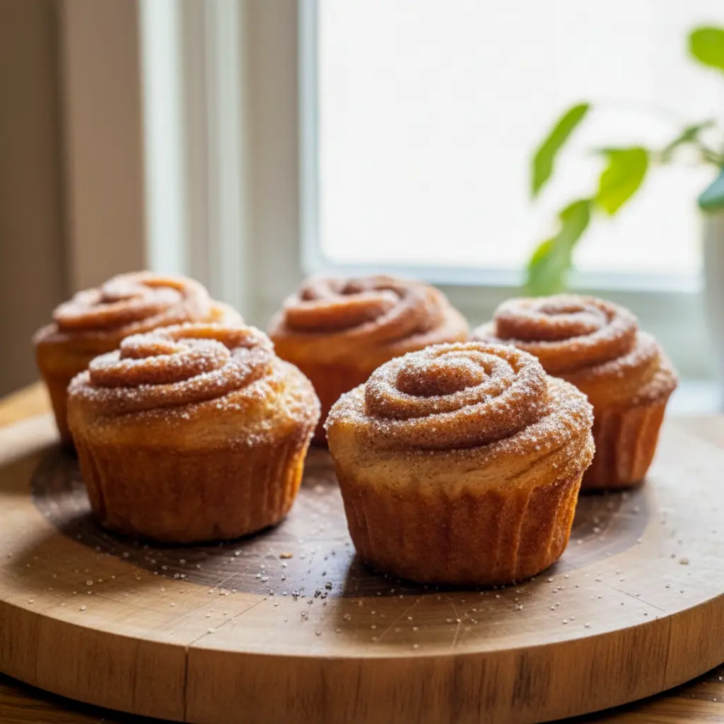 Close-up of golden cinnamon sugar Crescent Roll Cruffins in a muffin tin, showing crispy layers, flaky swirls, and a dusting of cinnamon sugar.