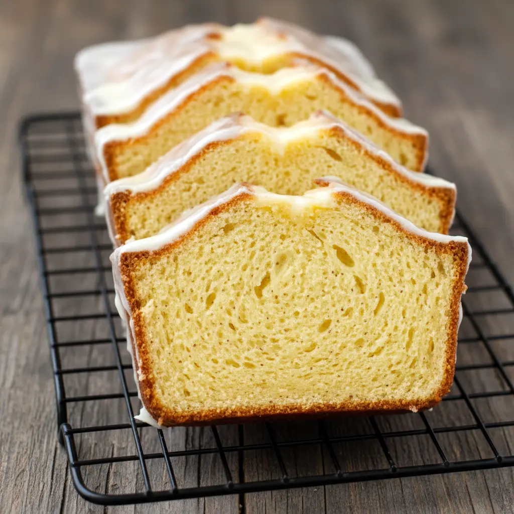 A sliced loaf of Glazed Eggnog Bread on a white platter with a thick eggnog drizzle and sprinkled nutmeg on top, showing a soft and moist texture, festive and cozy holiday baking scene.