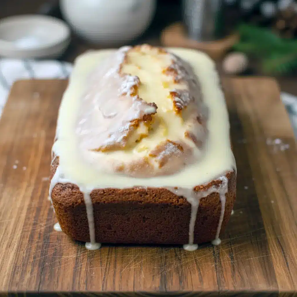 A sliced loaf of Glazed Eggnog Bread on a white platter with a thick eggnog drizzle and sprinkled nutmeg on top, showing a soft and moist texture, festive and cozy holiday baking scene.