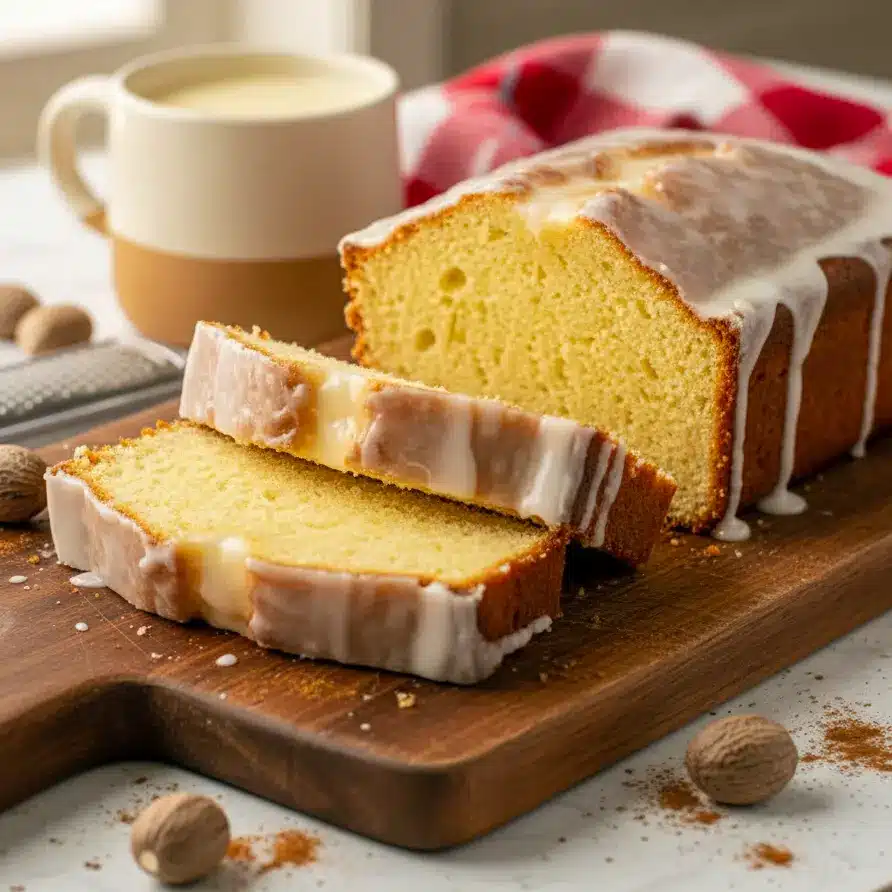 A sliced loaf of Glazed Eggnog Bread on a white platter with a thick eggnog drizzle and sprinkled nutmeg on top, showing a soft and moist texture, festive and cozy holiday baking scene.