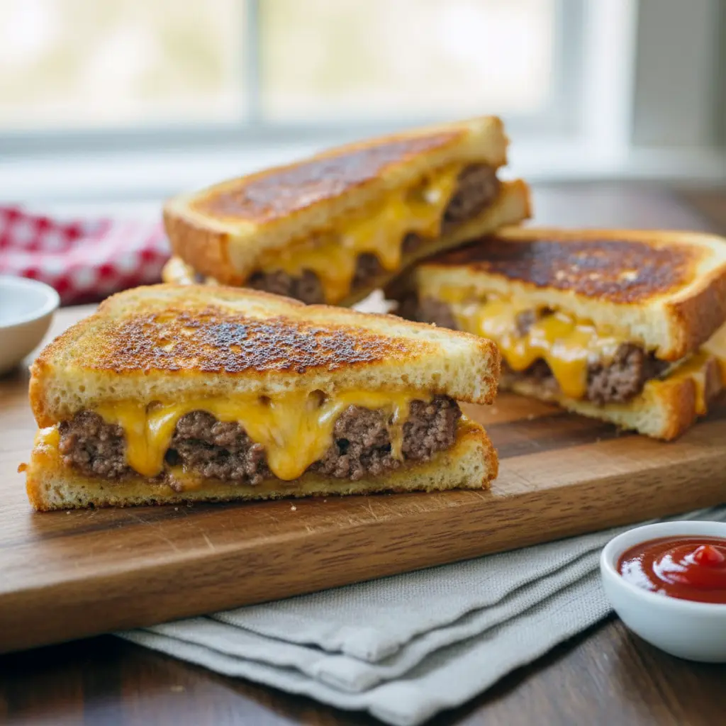 Close-up of a crispy grilled patty melt sandwich with melted cheese and juicy beef layered between golden toasted bread, served hot and sliced in half on a rustic plate.
