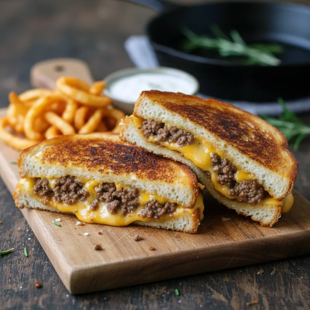 Close-up of a crispy grilled patty melt sandwich with melted cheese and juicy beef layered between golden toasted bread, served hot and sliced in half on a rustic plate.