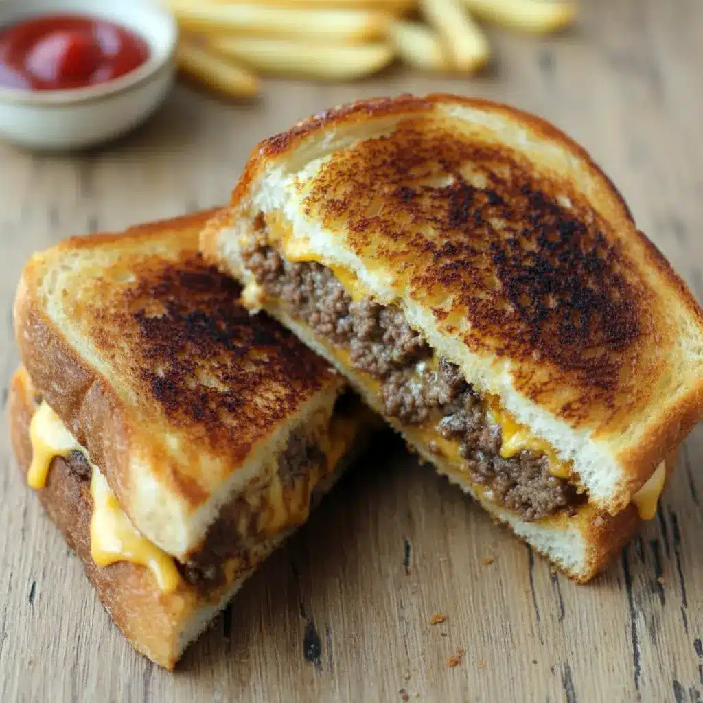 Close-up of a crispy grilled patty melt sandwich with melted cheese and juicy beef layered between golden toasted bread, served hot and sliced in half on a rustic plate.