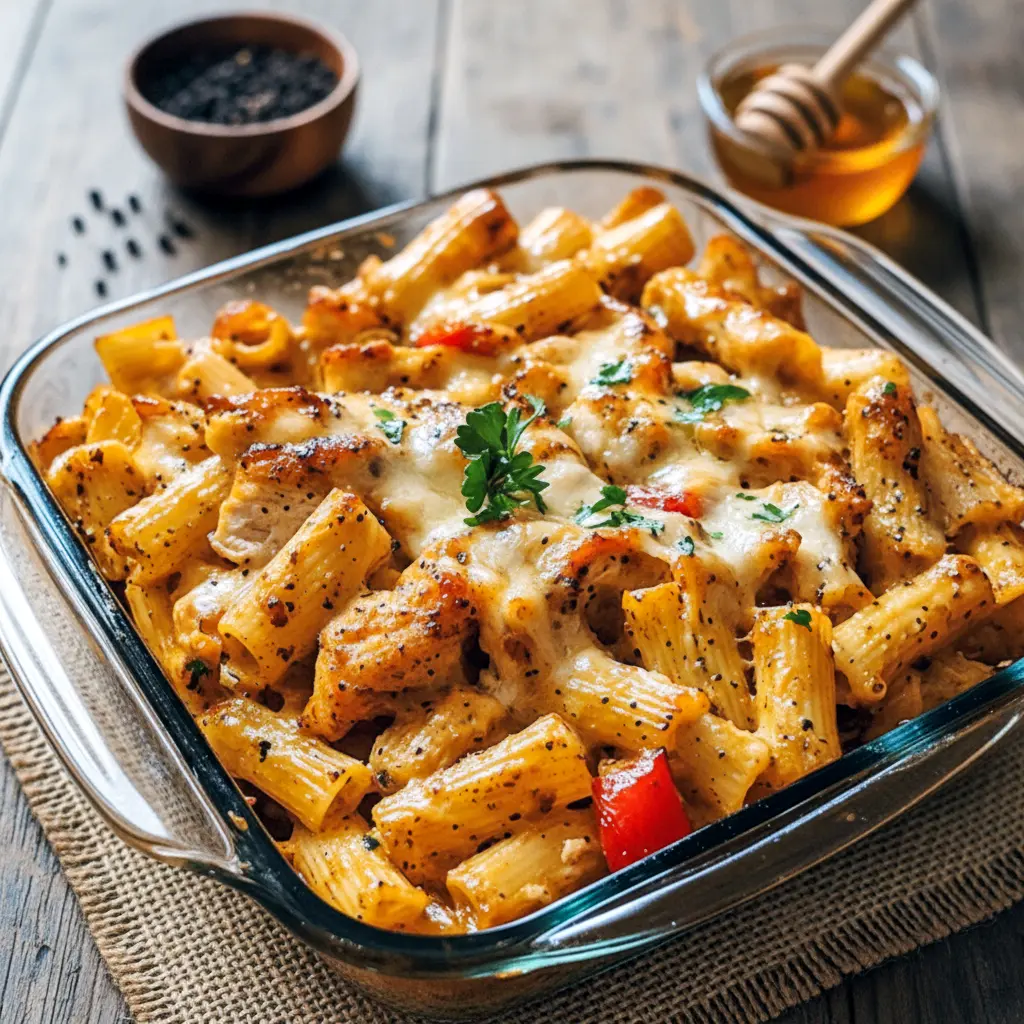Golden honey pepper chicken tossed with creamy penne pasta, topped with fresh herbs and parmesan in a vibrant skillet ready for a cozy family meal. 🍯🍗🍝