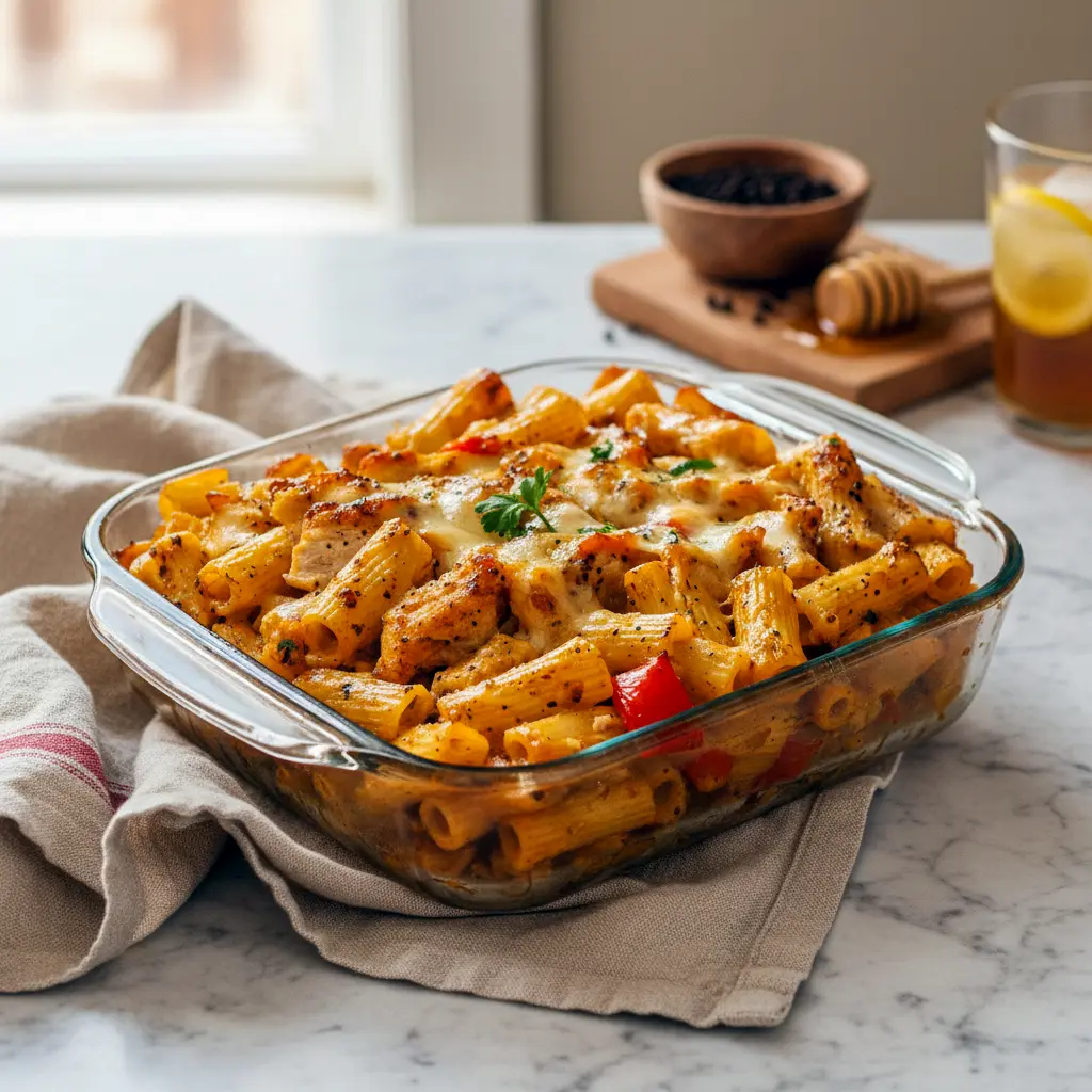 Golden honey pepper chicken tossed with creamy penne pasta, topped with fresh herbs and parmesan in a vibrant skillet ready for a cozy family meal. 🍯🍗🍝