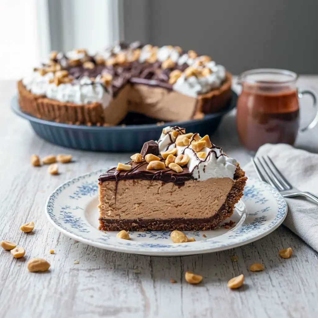 Slice of creamy Peanut Butter Cream Cheese Pie topped with chocolate whipped cream, sitting on a graham cracker crust on a white plate.