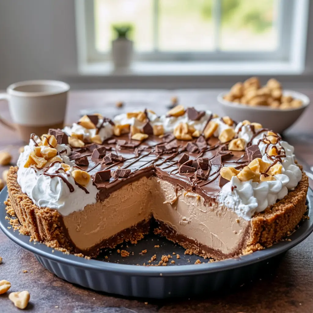 Slice of creamy Peanut Butter Cream Cheese Pie topped with chocolate whipped cream, sitting on a graham cracker crust on a white plate.